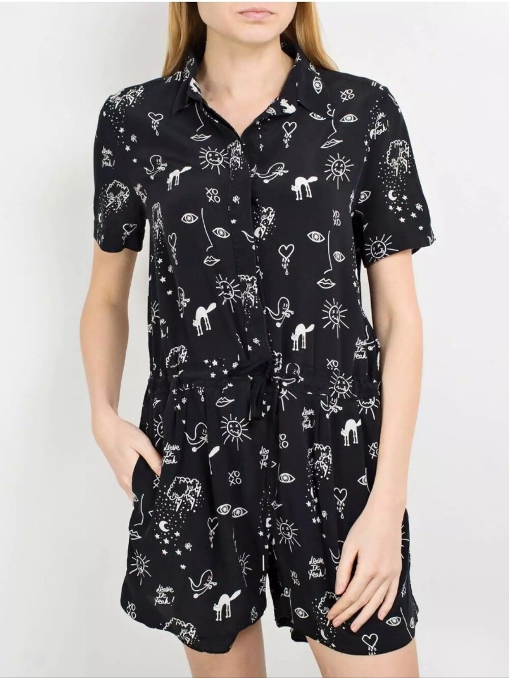 Sandro Paris Silk Short Sleeve Black Graphic Print Romper Size 2 - Picture 1 of 14